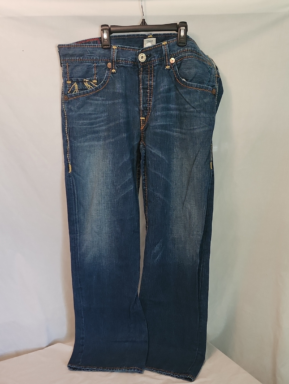 True Religion Men's Straight-Leg Blue Jeans with Contrast Stitching
